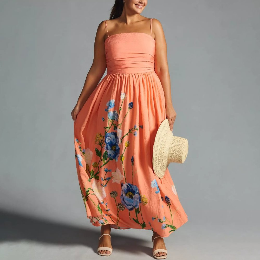 Strapless Coral Floral Maxi Dress